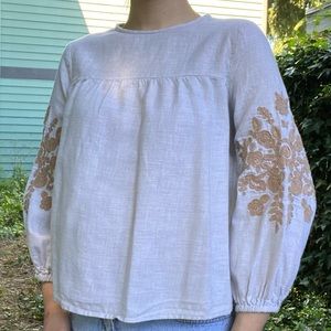 Zara Linen Long sleeve babydoll embroidered balloon sleeve blouse 🍦